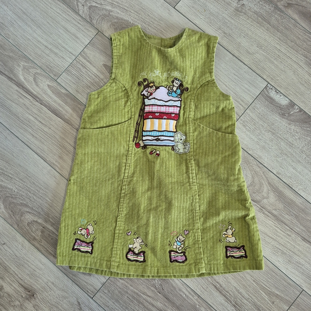 Green Corduroy Calin Caline Baby Dress with Embroidered Animals 24M